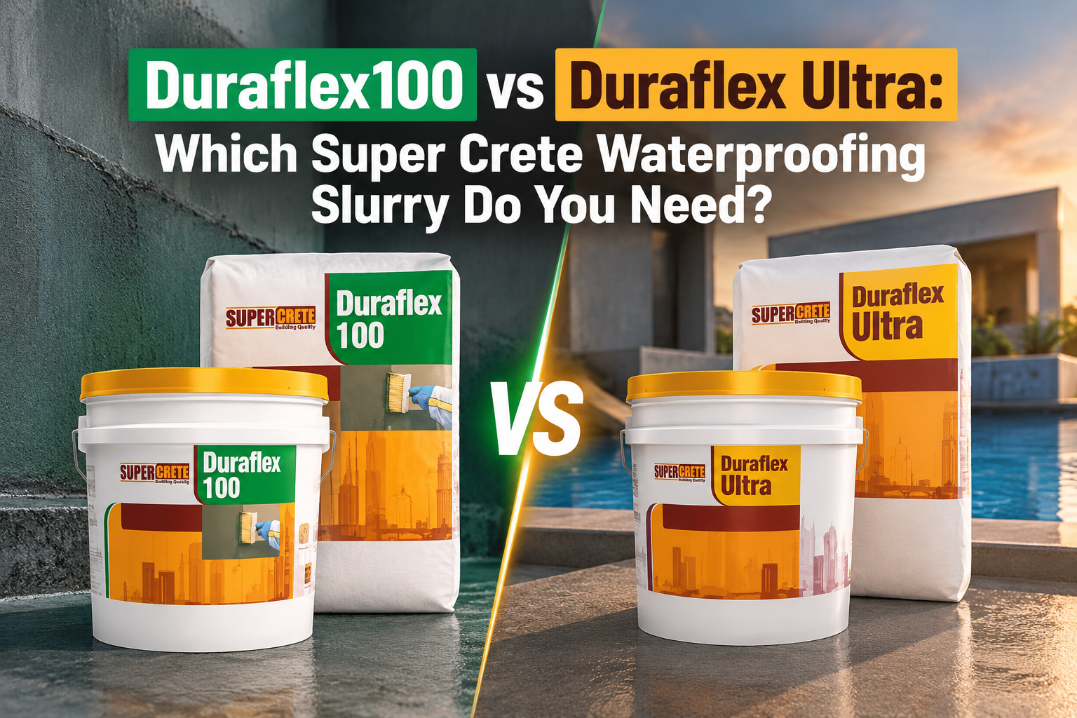 Side-by-side comparison of SUPER-CRETE Duraflex100 and Duraflex Ultra waterproofing products